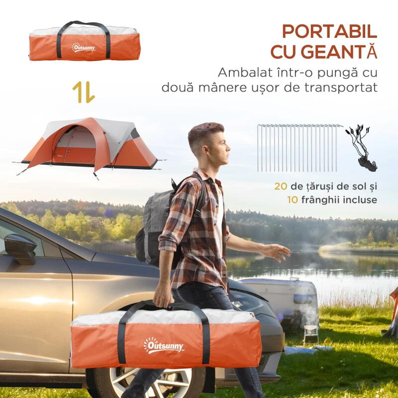 Sport si Outdoor - Camping - Corturi camping - Cort camping, 5-6 persoane, impermeabil, cu copertina, ferestre, geanta, portocaliu, 550x300x198 cm - Infinity.ro