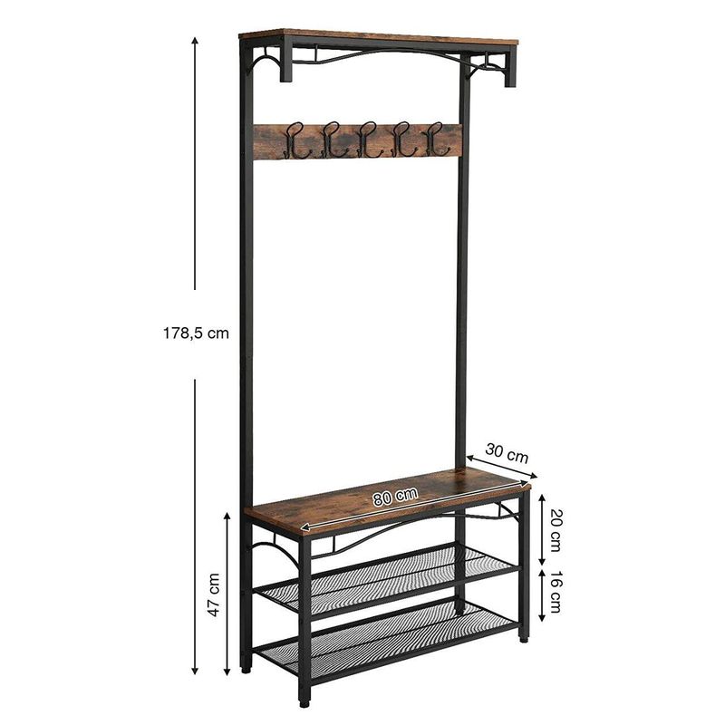 Casa si Gradina - Mobilier - Organizare si depozitare - Cuiere - Cuier cu 2 rafturi pentru incaltaminte, Vasagle, banca, pal si metal, negru, 80x30x178.5 cm - Infinity.ro