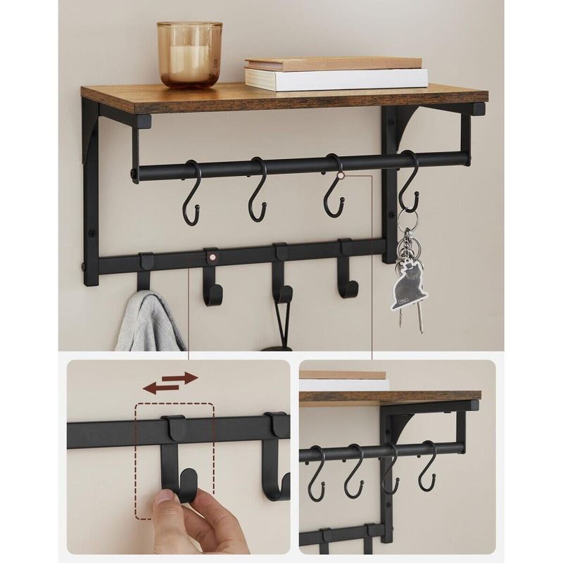 Casa si Gradina - Mobilier - Organizare si depozitare - Cuiere - Cuier de perete cu raft, Mercaton, 8 carlige, otel, pal, negru si maro rustic, 40x24x24 cm - Infinity.ro