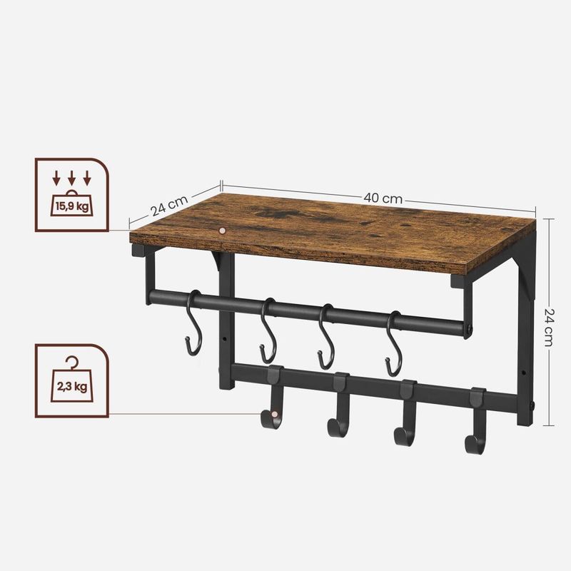 Casa si Gradina - Mobilier - Organizare si depozitare - Cuiere - Cuier de perete cu raft, Mercaton, 8 carlige, otel, pal, negru si maro rustic, 40x24x24 cm - Infinity.ro