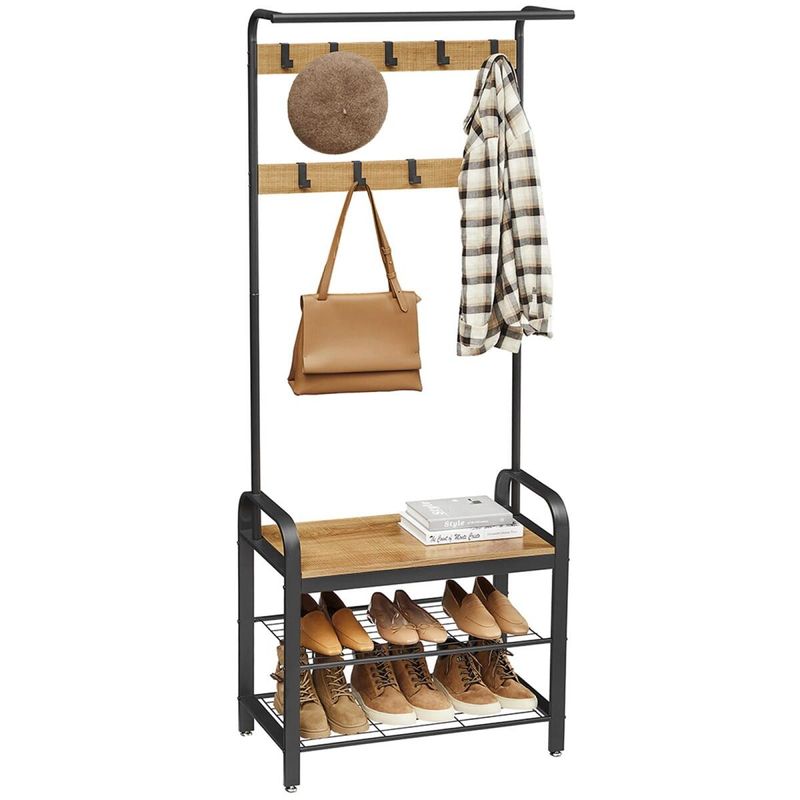 Casa si Gradina - Mobilier - Organizare si depozitare - Cuiere - Cuier cu 2 rafturi pentru incaltaminte, Mercaton, banca, pal, otel, negru si natur, 72x33.7x183 cm - Infinity.ro