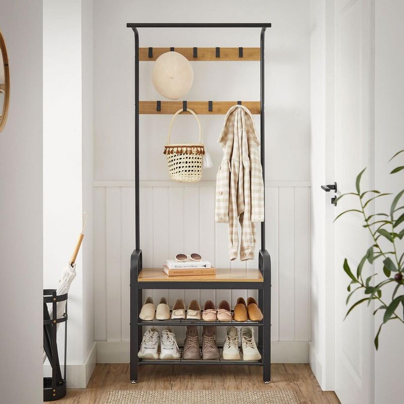 Casa si Gradina - Mobilier - Organizare si depozitare - Cuiere - Cuier cu 2 rafturi pentru incaltaminte, Mercaton, banca, pal, otel, negru si natur, 72x33.7x183 cm - Infinity.ro