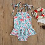 Fashion, accesorii si bijuterii - Copii - Lenjerie si pijamale copii - Costume de baie copii - Costum de baie cu volan si bretelute, model Pete maro, marime 130 - Infinity.ro