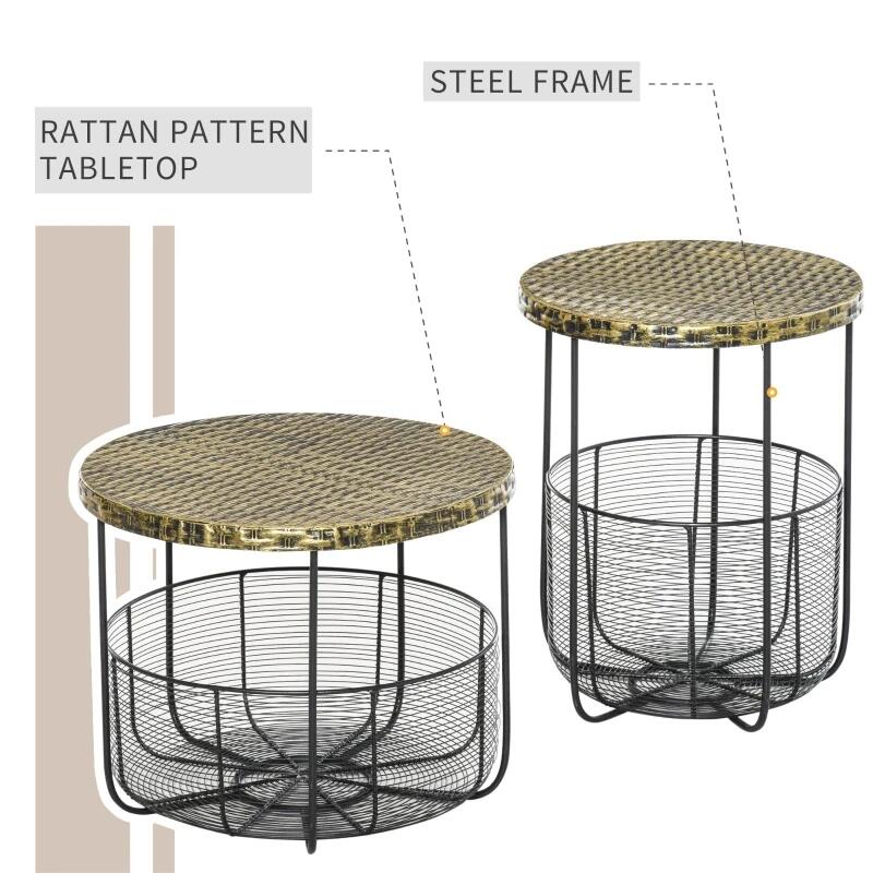 Casa si Gradina - Gradina si terasa - Mobilier exterior - Mese gradina - Masuta gradina/terasa/balcon, cu cos depozitare metalic, rotunda, negru si maro deschis, set 2 marimi - Infinity.ro