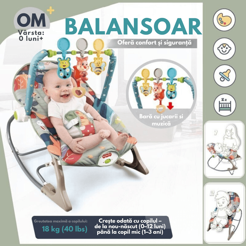 Casa si Gradina - Mobilier - Mobilier copii - Balansoare, leagane si hamace - Balansoar si scaun electric 3 in 1 pentru bebelusi, VisionHub®, Multifunctional cu Cantece si vibratii linistitoare - Infinity.ro