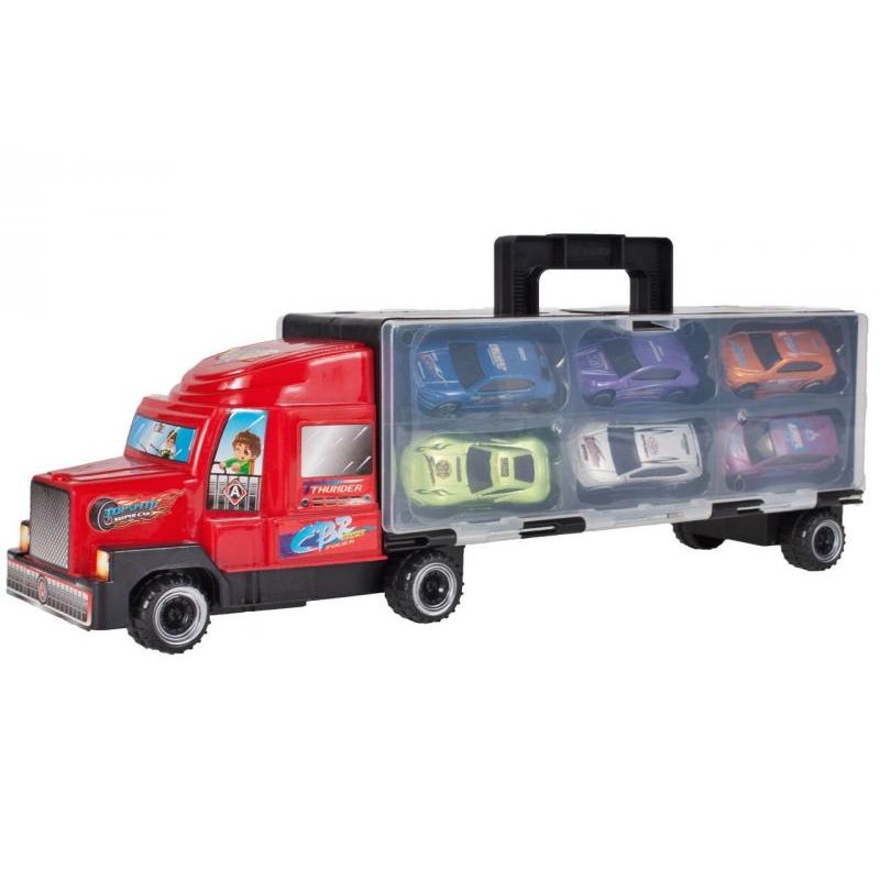 Jucarii, Copii si Bebe - Jucarii si jocuri - Vehicule si jucarii cu telecomanda - Utilaje constructie de jucarie - Camion cu rampa de iesire si 6 masinute - Infinity.ro