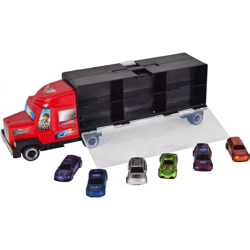 Jucarii, Copii si Bebe - Jucarii si jocuri - Vehicule si jucarii cu telecomanda - Utilaje constructie de jucarie - Camion cu rampa de iesire si 6 masinute - Infinity.ro