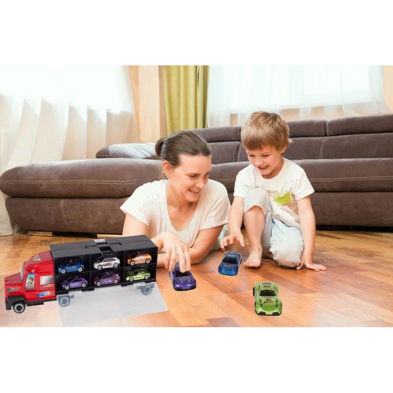 Jucarii, Copii si Bebe - Jucarii si jocuri - Vehicule si jucarii cu telecomanda - Utilaje constructie de jucarie - Camion cu rampa de iesire si 6 masinute - Infinity.ro