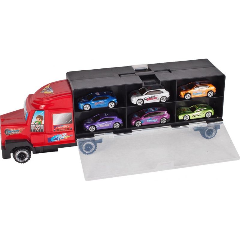 Jucarii, Copii si Bebe - Jucarii si jocuri - Vehicule si jucarii cu telecomanda - Utilaje constructie de jucarie - Camion cu rampa de iesire si 6 masinute - Infinity.ro