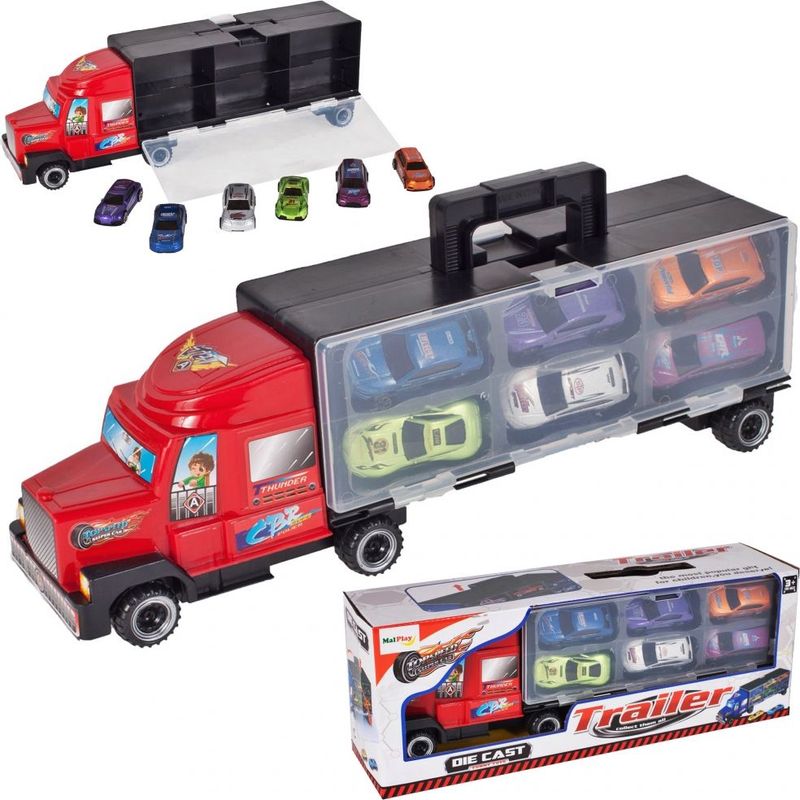 Jucarii, Copii si Bebe - Jucarii si jocuri - Vehicule si jucarii cu telecomanda - Utilaje constructie de jucarie - Camion cu rampa de iesire si 6 masinute - Infinity.ro