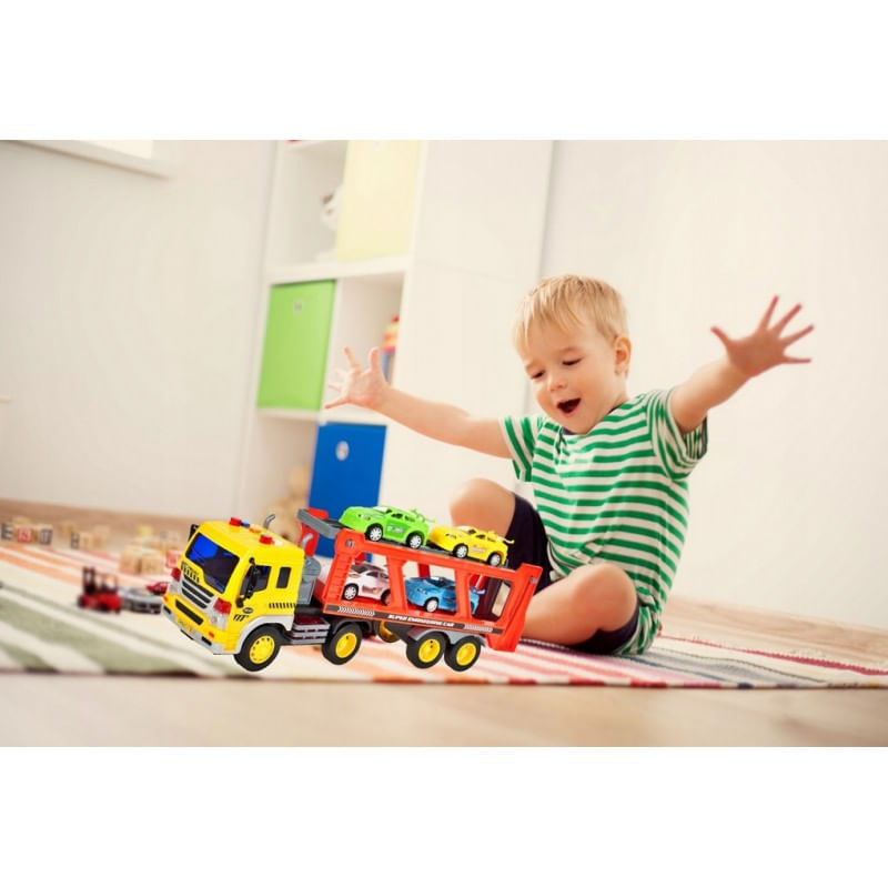 Jucarii, Copii si Bebe - Jucarii si jocuri - Vehicule si jucarii cu telecomanda - Utilaje constructie de jucarie - Camion cu platforma si 4 masinute incluse, cu sunete si lumini, 37 cm, MalPlay - Infinity.ro