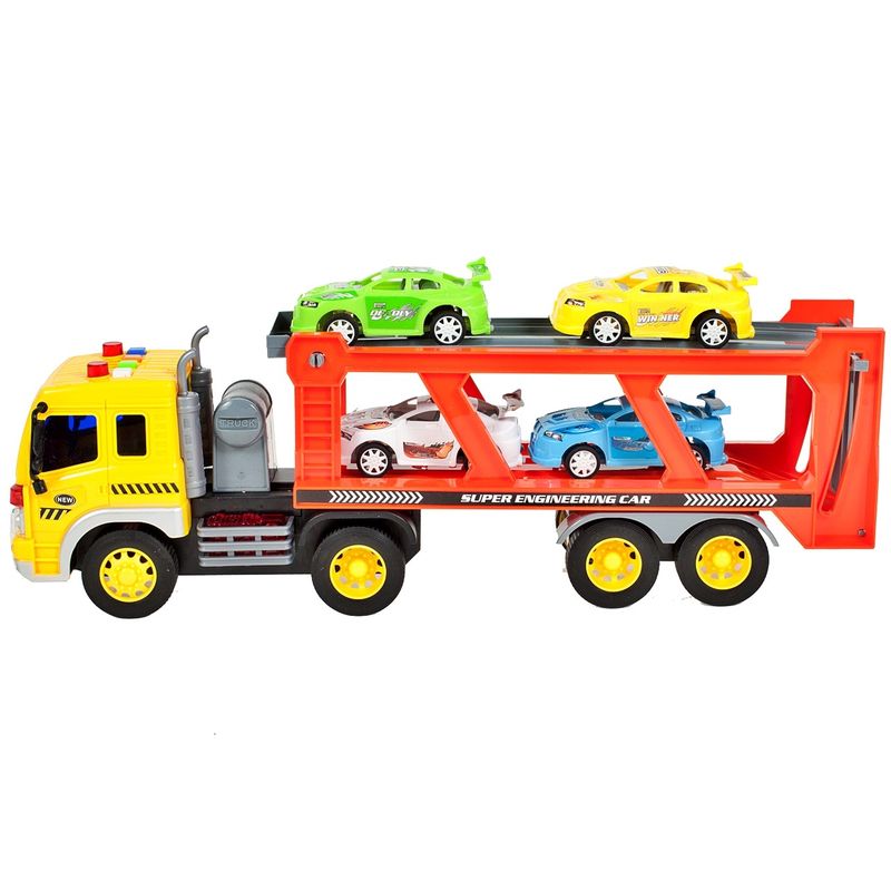 Jucarii, Copii si Bebe - Jucarii si jocuri - Vehicule si jucarii cu telecomanda - Utilaje constructie de jucarie - Camion cu platforma si 4 masinute incluse, cu sunete si lumini, 37 cm, MalPlay - Infinity.ro
