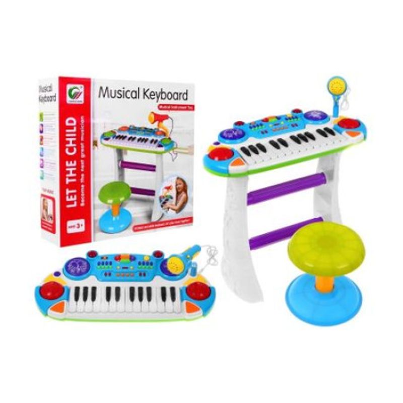 Jucarii, Copii si Bebe - Jucarii si jocuri - Jucarii de rol - Instrumente muzicale de jucarie - Orga muzicala pentru baieti, MalPlay, cu scaun si microfon, Albastru, 45 cm inaltime - Infinity.ro