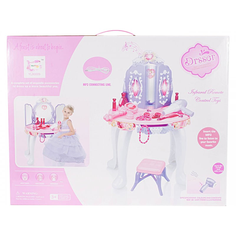 Jucarii, Copii si Bebe - Jucarii si jocuri - Jucarii de rol - Frumusete, bijuterii si accesorii fetite - Masuta de Make-Up pentru copii, MalPlay Lila - Roz cu MP3, oglinda, bagheta magica, melodii si lumini, 68 cm - Infinity.ro