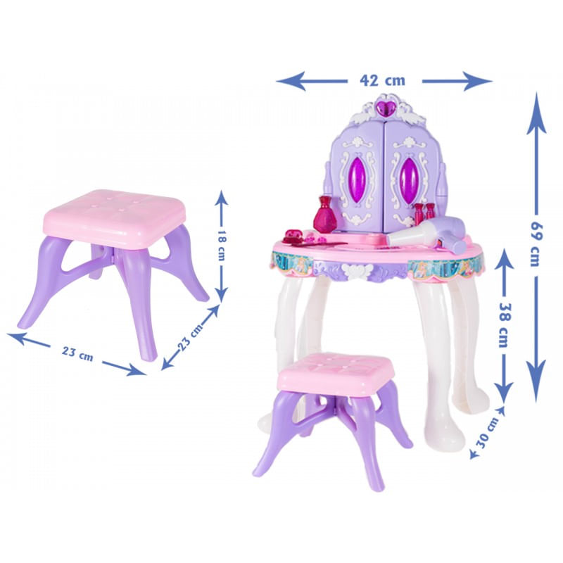 Jucarii, Copii si Bebe - Jucarii si jocuri - Jucarii de rol - Frumusete, bijuterii si accesorii fetite - Masuta de Make-Up pentru copii, MalPlay Lila - Roz cu MP3, oglinda, bagheta magica, melodii si lumini, 68 cm - Infinity.ro