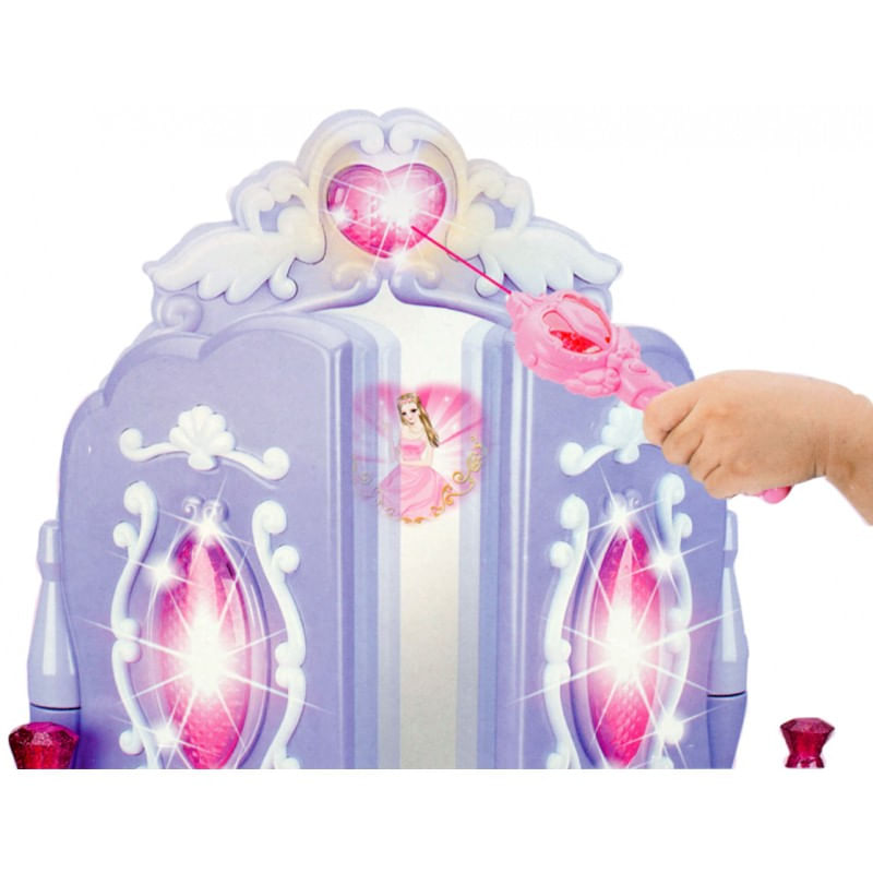 Jucarii, Copii si Bebe - Jucarii si jocuri - Jucarii de rol - Frumusete, bijuterii si accesorii fetite - Masuta de Make-Up pentru copii, MalPlay Lila - Roz cu MP3, oglinda, bagheta magica, melodii si lumini, 68 cm - Infinity.ro