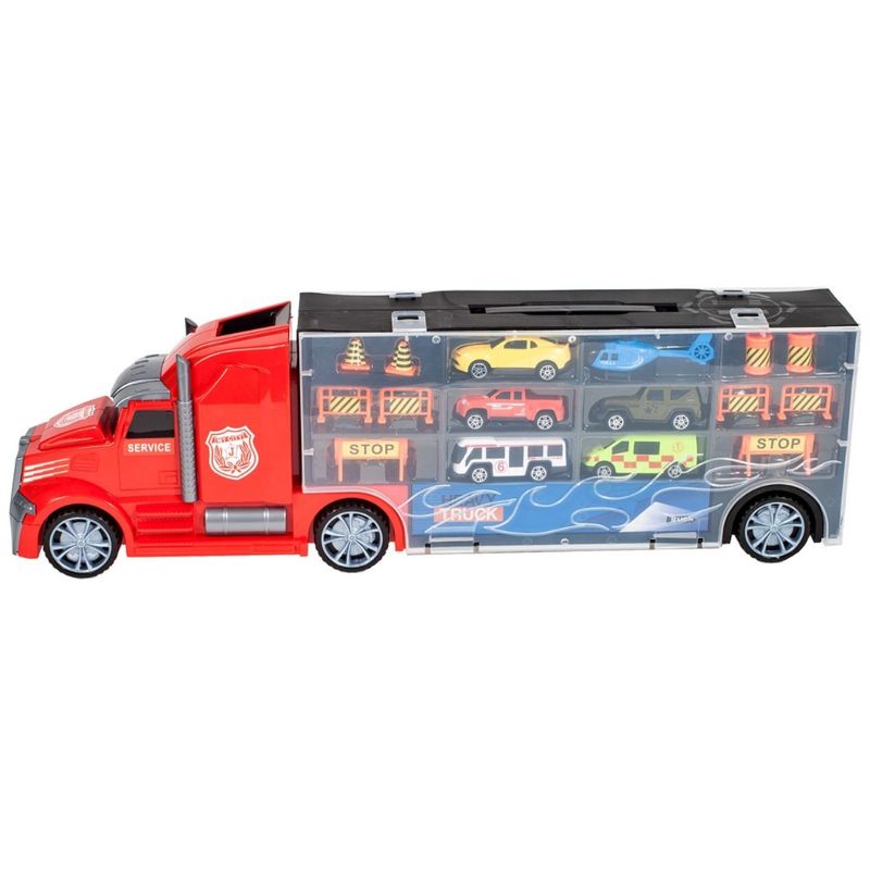 Jucarii, Copii si Bebe - Jucarii si jocuri - Vehicule si jucarii cu telecomanda - Masinute - Camion Portabil, MalPlay cu 5 Masinute, 1 Elicopter, Indicatoare si Rampa Lansare, 3 ani - Infinity.ro