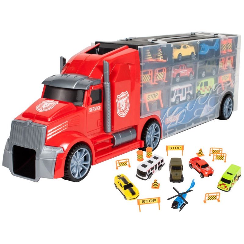 Jucarii, Copii si Bebe - Jucarii si jocuri - Vehicule si jucarii cu telecomanda - Masinute - Camion Portabil, MalPlay cu 5 Masinute, 1 Elicopter, Indicatoare si Rampa Lansare, 3 ani - Infinity.ro