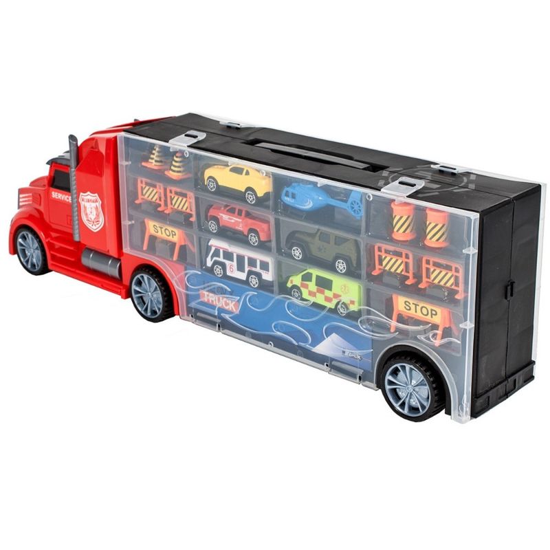 Jucarii, Copii si Bebe - Jucarii si jocuri - Vehicule si jucarii cu telecomanda - Masinute - Camion Portabil, MalPlay cu 5 Masinute, 1 Elicopter, Indicatoare si Rampa Lansare, 3 ani - Infinity.ro