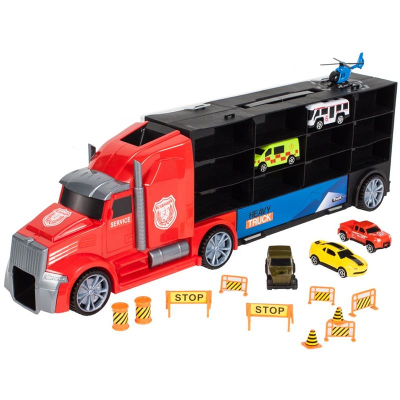 Jucarii, Copii si Bebe - Jucarii si jocuri - Vehicule si jucarii cu telecomanda - Masinute - Camion Portabil, MalPlay cu 5 Masinute, 1 Elicopter, Indicatoare si Rampa Lansare, 3 ani - Infinity.ro