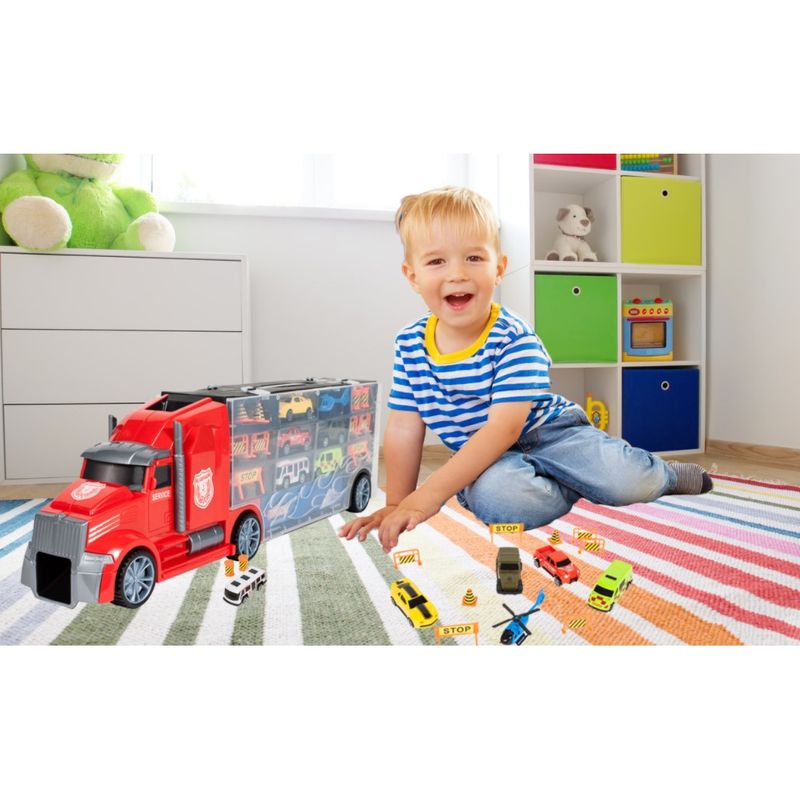 Jucarii, Copii si Bebe - Jucarii si jocuri - Vehicule si jucarii cu telecomanda - Masinute - Camion Portabil, MalPlay cu 5 Masinute, 1 Elicopter, Indicatoare si Rampa Lansare, 3 ani - Infinity.ro