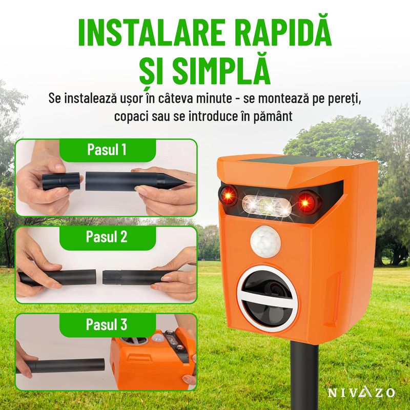 Casa si Gradina - Gradinarit si plante - Intretinere gradina - Articole daunatori gradina - Aparat cu ultrasunete anti pisici, Nivazo® AR01, 2 moduri functionare, actiune 110⁰ si acoperire 10m2, incarcare solara, acumulator 600mAh - Infinity.ro