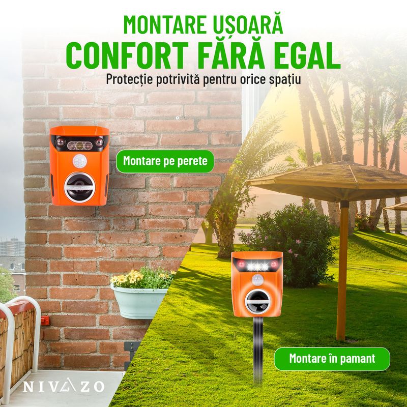 Casa si Gradina - Gradinarit si plante - Intretinere gradina - Articole daunatori gradina - Aparat cu ultrasunete anti pisici, Nivazo® AR01, 2 moduri functionare, actiune 110⁰ si acoperire 10m2, incarcare solara, acumulator 600mAh - Infinity.ro