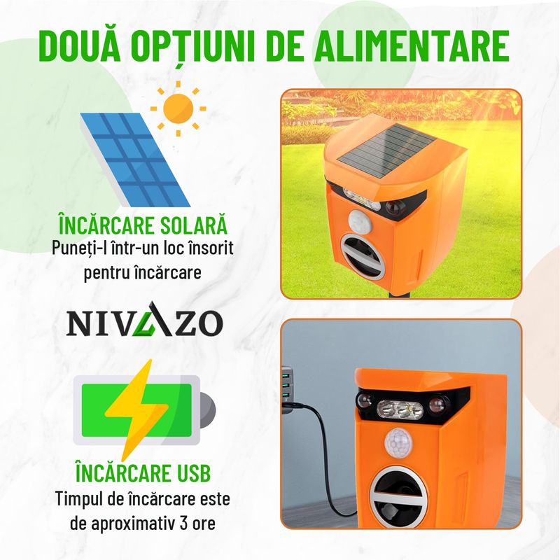 Casa si Gradina - Gradinarit si plante - Intretinere gradina - Articole daunatori gradina - Aparat cu ultrasunete anti pisici, Nivazo® AR01, 2 moduri functionare, actiune 110⁰ si acoperire 10m2, incarcare solara, acumulator 600mAh - Infinity.ro