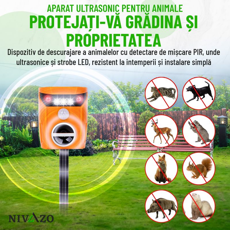 Casa si Gradina - Gradinarit si plante - Intretinere gradina - Articole daunatori gradina - Aparat cu ultrasunete anti pisici, Nivazo® AR01, 2 moduri functionare, actiune 110⁰ si acoperire 10m2, incarcare solara, acumulator 600mAh - Infinity.ro