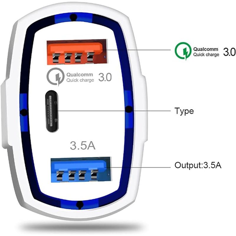 Laptop, Telefoane si Tablete - Telefoane mobile si accesorii - Accesorii Telefoane - Incarcatoare telefoane - Incarcator Auto USB MRG M1101, 7Ah,2x USB, 1xType-C, Qualcomm 3.0, Alb - Infinity.ro