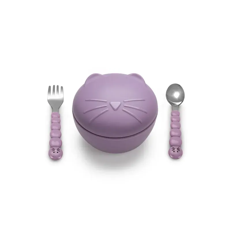 Jucarii, Copii si Bebe - Hrana si alaptare - Scaune de masa bebe - Castronel Silicon Cu Capac Si Tacamuri, Melii, Model Pisica - Infinity.ro