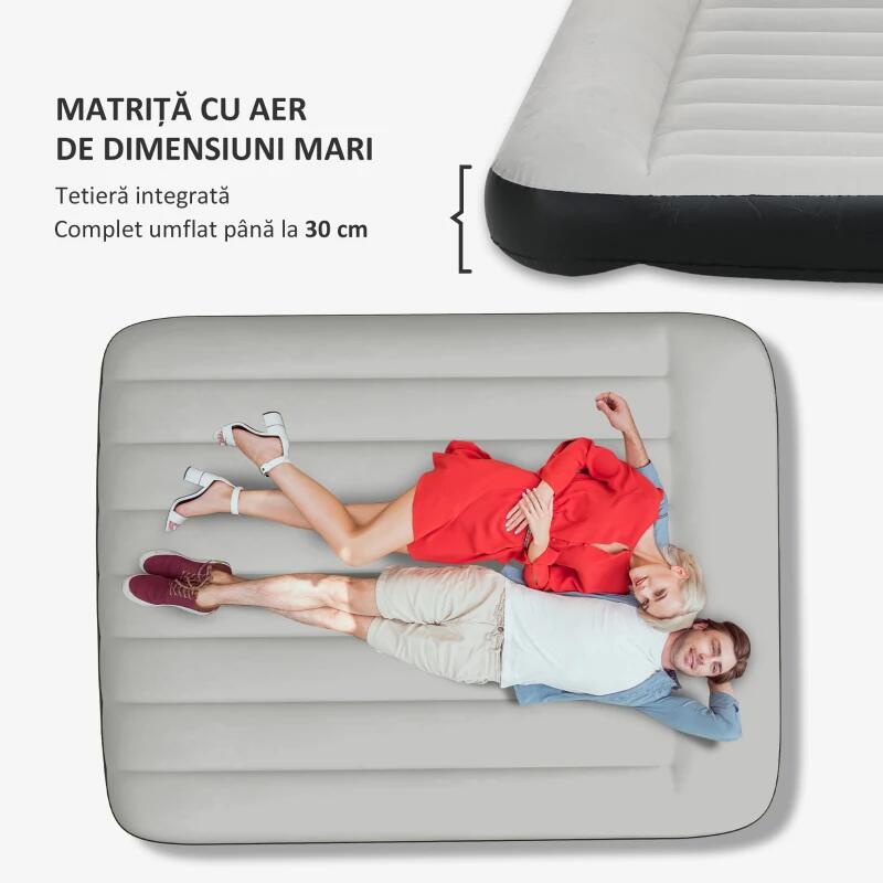Sport si Outdoor - Camping - Saltele si accesorii pentru somn - Saltele camping - Saltea camping, 2 persoane, gonflabila, cu pompa electrica incorporata, 220-240 V, PVC, gri si negru, 203x152x30 cm - Infinity.ro