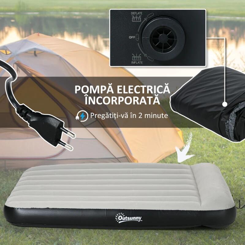 Sport si Outdoor - Camping - Saltele si accesorii pentru somn - Saltele camping - Saltea camping, 2 persoane, gonflabila, cu pompa electrica incorporata, 220-240 V, PVC, gri si negru, 203x152x30 cm - Infinity.ro
