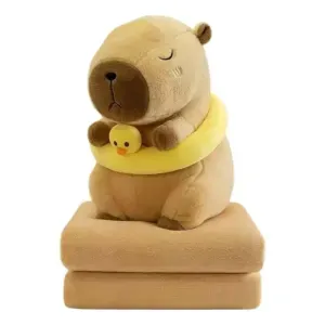 Jucarie din Plus Capybara 40cm cu Colac si Paturica, Culoare Crem, Moale, Dragalasa, pentru Copii 3+ Ani Cadou Original
