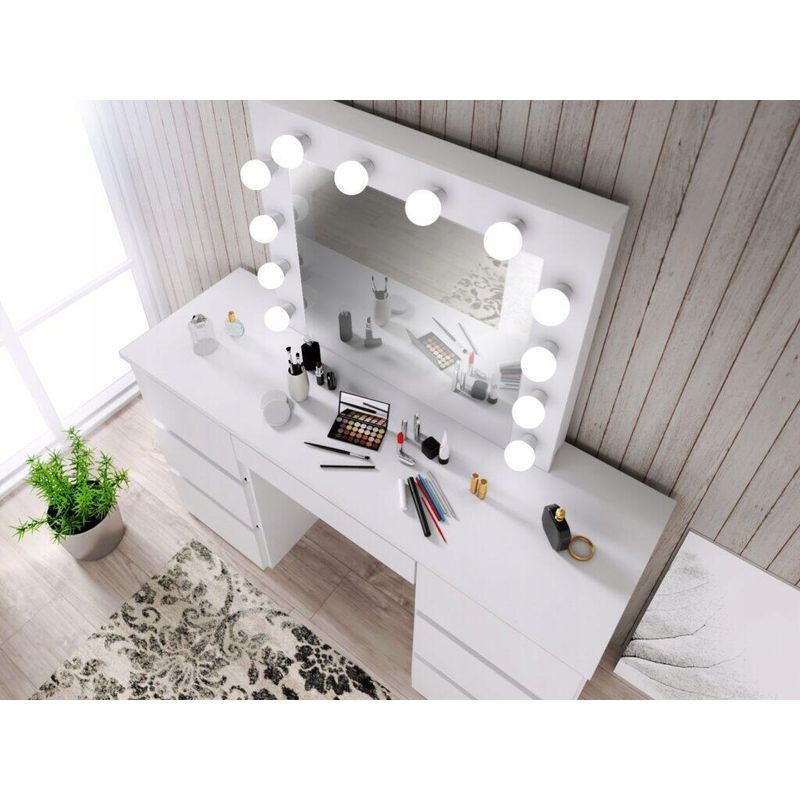 Casa si Gradina - Mobilier - Comode si corpuri - Masute de toaleta - Masa de toaleta/machiaj + Scaun stil scandinav Lago, alba, cu oglinda si LED-uri, Vanessa, 130x43x143 cm - Infinity.ro