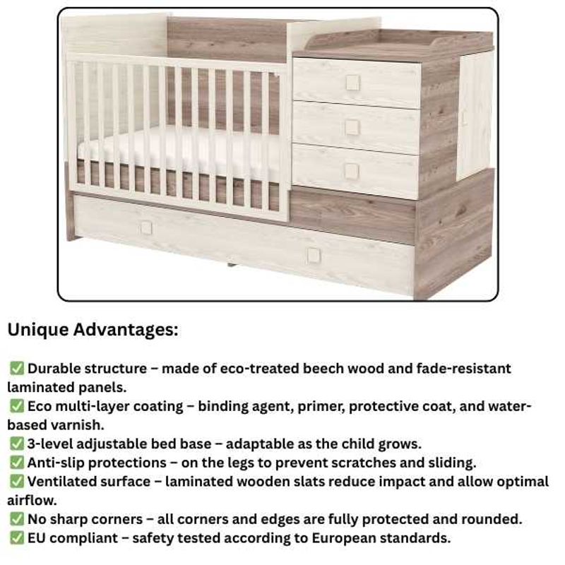 Casa si Gradina - Mobilier - Mobilier copii - Patuturi copii - Patut Transformabil cu Saltea Confort II, din Lemn Masiv, 5 Sertare, Grilaje Laterale pentru Protectie, 120×70 cm, Crem - Infinity.ro