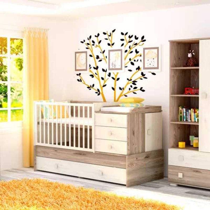 Casa si Gradina - Mobilier - Mobilier copii - Patuturi copii - Patut Transformabil cu Saltea Confort II, din Lemn Masiv, 5 Sertare, Grilaje Laterale pentru Protectie, 120×70 cm, Crem - Infinity.ro