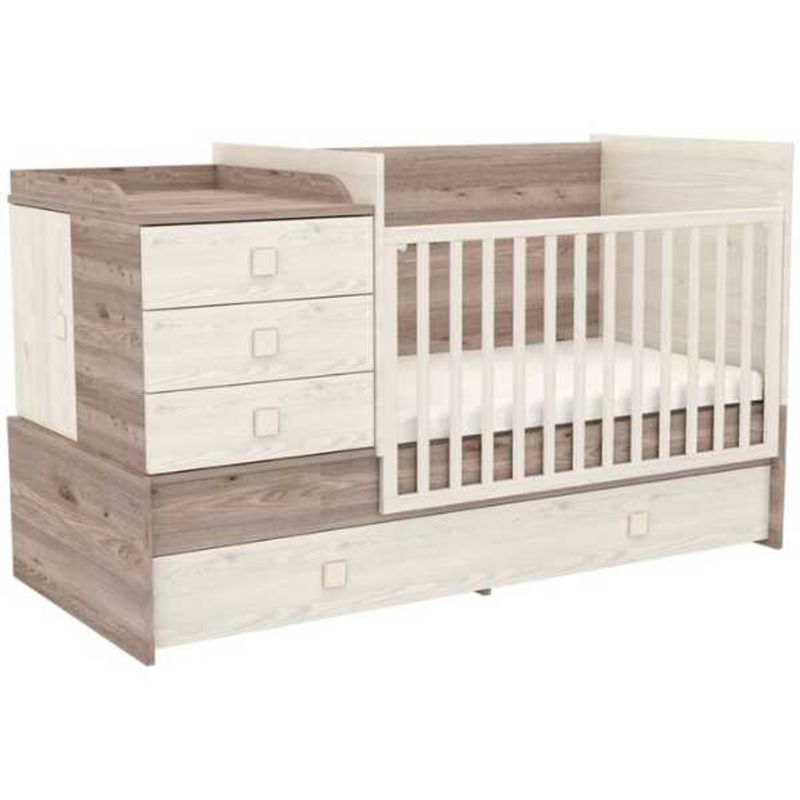 Casa si Gradina - Mobilier - Mobilier copii - Patuturi copii - Patut Transformabil cu Saltea Confort II, din Lemn Masiv, 5 Sertare, Grilaje Laterale pentru Protectie, 120×70 cm, Crem - Infinity.ro