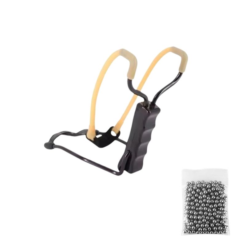 Sport si Outdoor - Camping - Accesorii camping si drumetii - Set prastie metalica profesionala cu suport de incheietura si 100 bile 10 mm, metal, maner antiderapant, 18 cm - Infinity.ro
