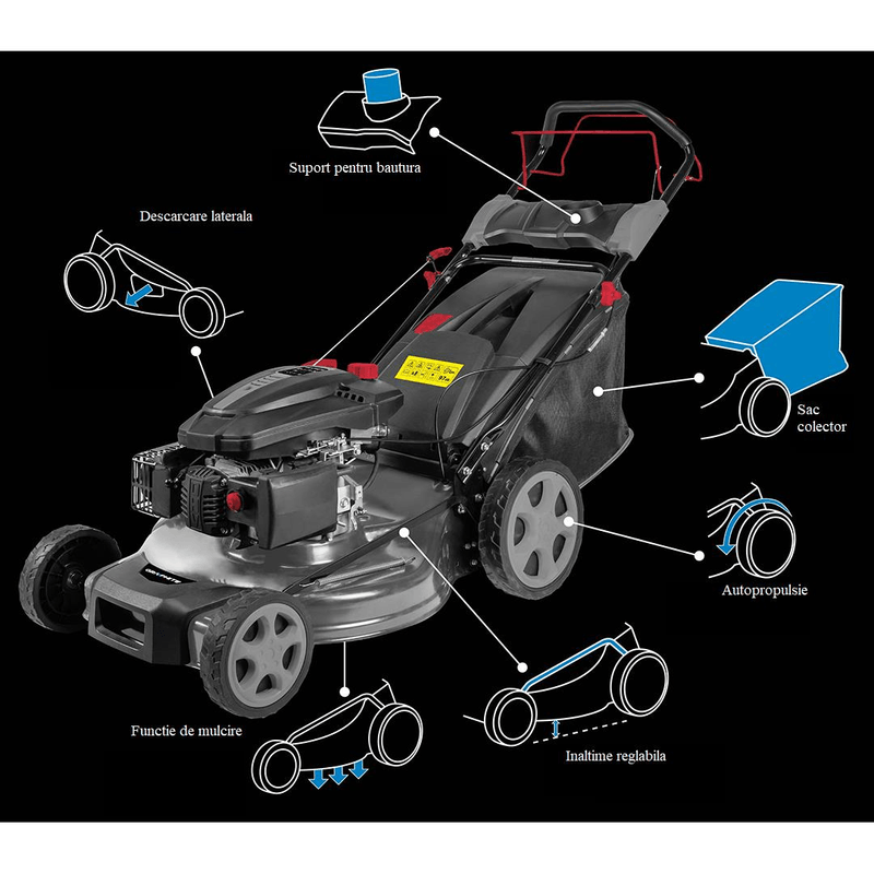 Casa si Gradina - Gradinarit si plante - Utilaje gradina - Masini de tuns iarba - Masina de tuns iarba, gazon, pe benzina, autopropulsie, 3000 W, 4 CP, 50.2 cm, Graphite - Infinity.ro