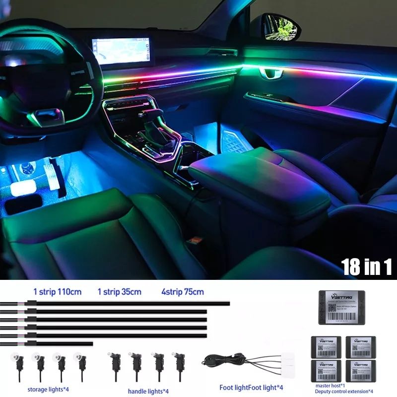 Auto si Moto - Electrice auto - Iluminare si semnalizare - Lumini ambientale - Lumini Ambientale Symphony LED 18 in 1 pentru Fata usa, Bord, Manere, Podea, Control din aplicatie Banda El Wire - Infinity.ro