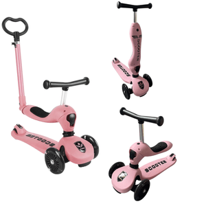 Trotineta 3in1 transformabila in tricicleta, maner reglabil de impins pentru parinti, roti iluminate in miscare, roz