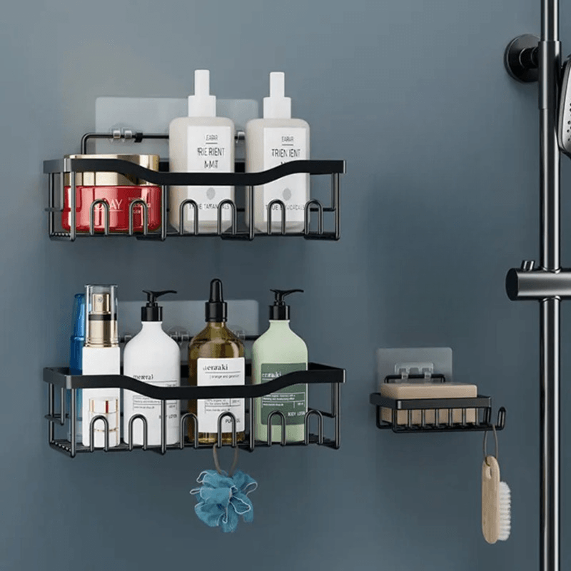 Casa si Gradina - Mobilier - Mobilier baie - Etajere baie - Raft de dus, etajera pentru baie, depozitare in bucatarie, set 3 buc, cu adeziv, fara gauri, BLEKSY® - Infinity.ro