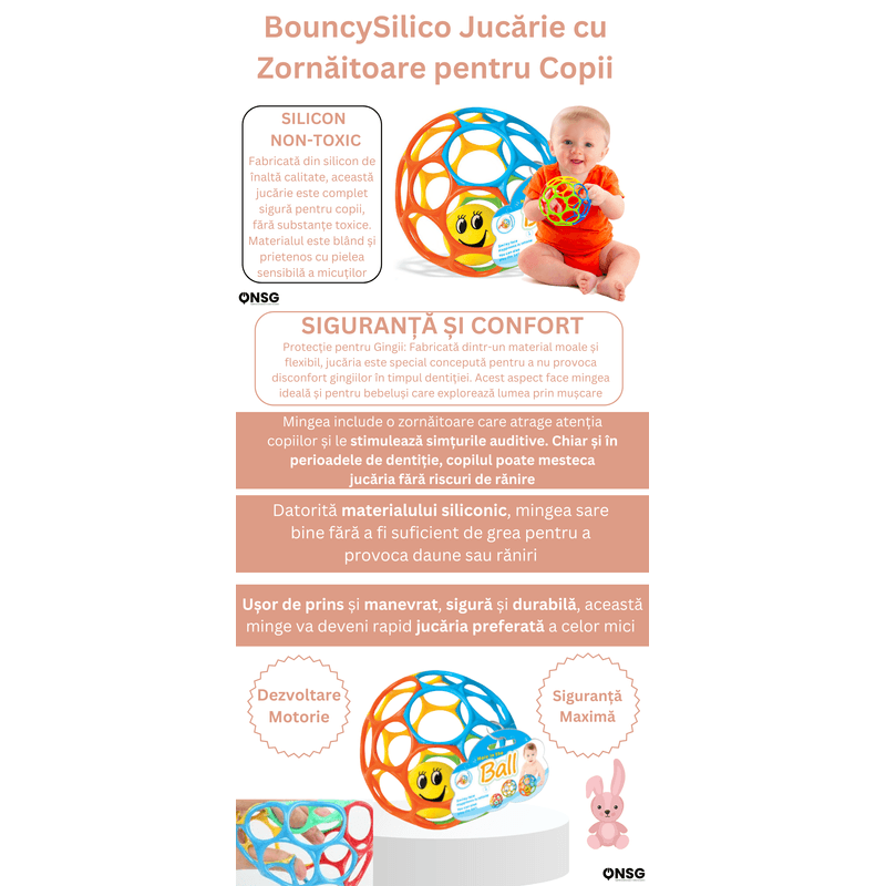 Jucarii, Copii si Bebe - Jucarii si jocuri - Jucarii bebelusi - Jucarii interactive bebelusi - Minge BouncySilico cu Zornaitoare pentru Bebelusi by ONSG®, Silicon Non-Toxic FREE BPA, Jucarie Sigura pentru Copii - Infinity.ro