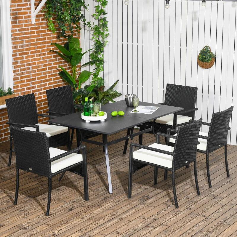 Casa si Gradina - Gradina si terasa - Mobilier exterior - Seturi mobila gradina - Set mobilier gradina/terasa, negru si bej, ratan sintetic, 1 masa, 6 scaune, lynna - Infinity.ro