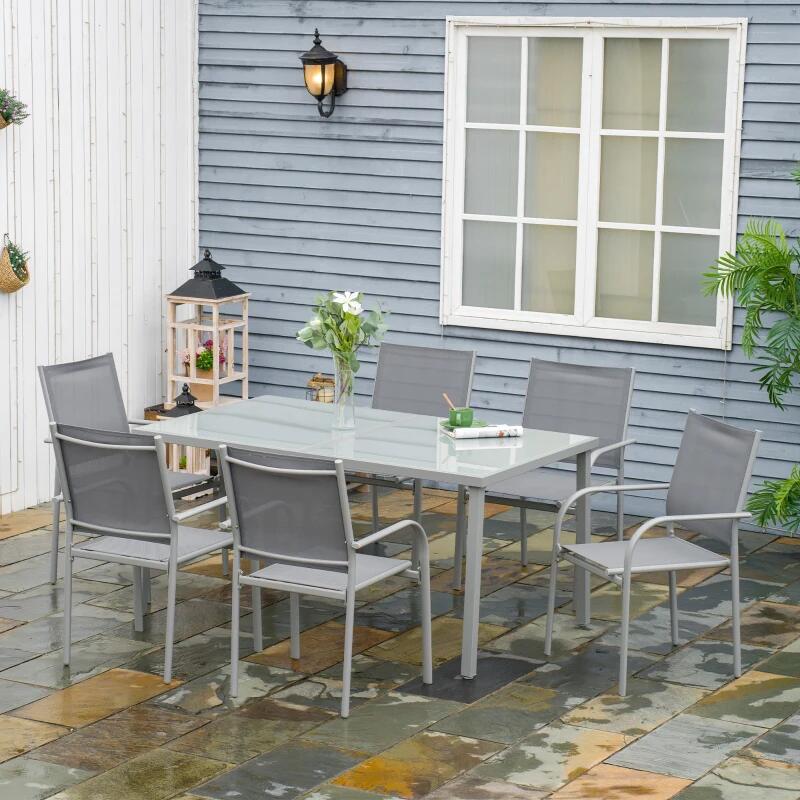 Casa si Gradina - Gradina si terasa - Mobilier exterior - Seturi mobila gradina - Set mobilier gradina/terasa, aluminiu, blat sticla, gri si argintiu, 1 masa, 6 scaune, sway - Infinity.ro