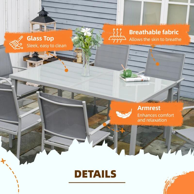 Casa si Gradina - Gradina si terasa - Mobilier exterior - Seturi mobila gradina - Set mobilier gradina/terasa, aluminiu, blat sticla, gri si argintiu, 1 masa, 6 scaune, sway - Infinity.ro