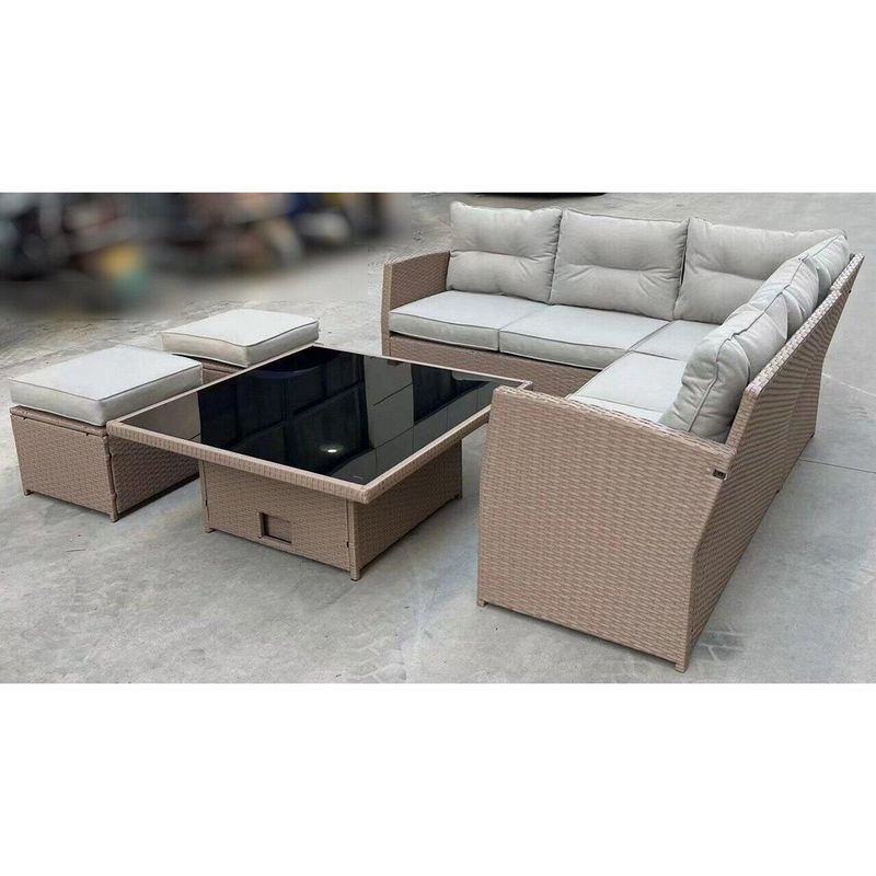 Casa si Gradina - Gradina si terasa - Mobilier exterior - Seturi mobila gradina - Set mobilier gradina/terasa, poliratan, maro si crem, 1 masa, 2 tabureti, 1 canapea colt, chomik, cassy - Infinity.ro