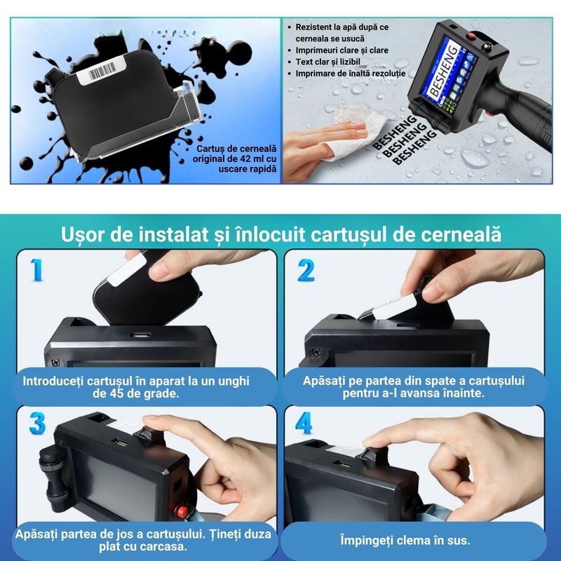 PC, gaming si accesorii - Imprimante, scanere & consumabile - Imprimante - Imprimante termice - Imprimanta de mana portabila, potrivit pentru suprafete multiple, coduri de bare, dimensiuni inaltime imprimare 2-12.7mm - Infinity.ro