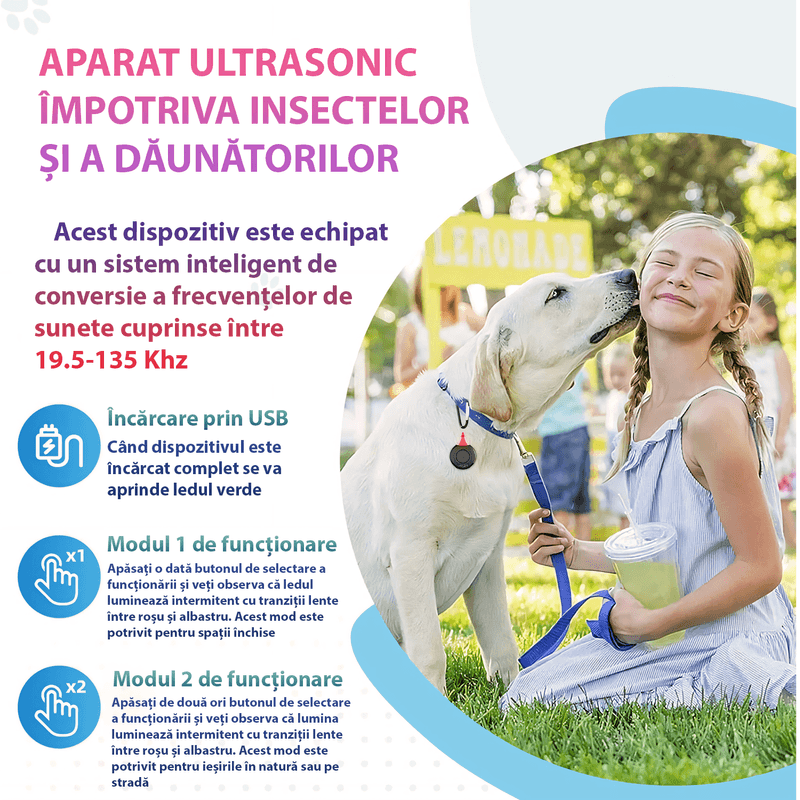Market - Curatenie si intretinere casa - Produse menaj - Insecticide si capcane - Dispozitiv Ultrasonic Portabil Antiparaziti Reincarcabil pentru Animale si Copii – Fara Chimicale, Sigur & Eficient, Alb - Infinity.ro